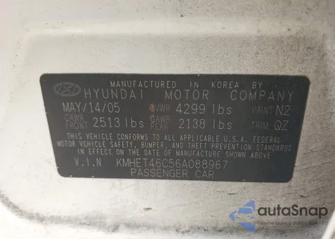 2006 Hyundai Sonata Gl from USA, damaged, VIN KMHET46C56A088967